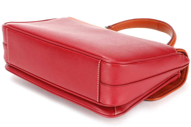 PRADA TWO TONE CROSSBODY BAG RED SAFFIANO LUX LEATHER SILVER HARDWARE, WITH STRAP & DUST COVER