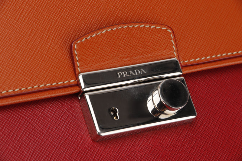 PRADA TWO TONE CROSSBODY BAG RED SAFFIANO LUX LEATHER SILVER HARDWARE, WITH STRAP & DUST COVER