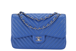 CHANEL CLASSIC DOUBLE FLAP (2247xxxx) JUMBO BLUE CHEVRON CAVIAR LEATHER SILVER HARDWARE, WITH DUST COVER