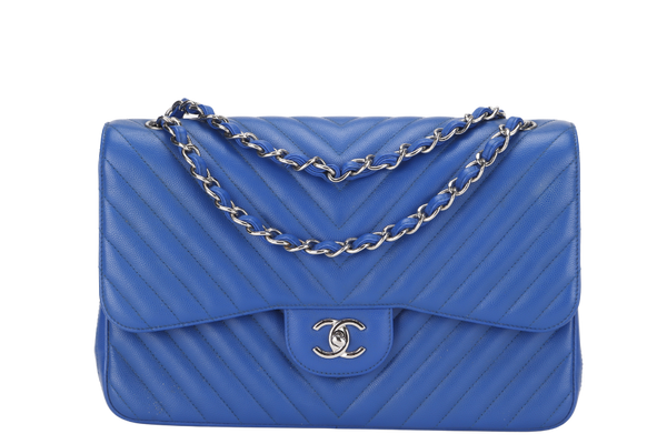 CHANEL CLASSIC DOUBLE FLAP (2247xxxx) JUMBO BLUE CHEVRON CAVIAR LEATHER SILVER HARDWARE, WITH DUST COVER