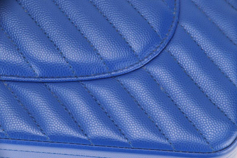 CHANEL CLASSIC DOUBLE FLAP (2247xxxx) JUMBO BLUE CHEVRON CAVIAR LEATHER SILVER HARDWARE, WITH DUST COVER