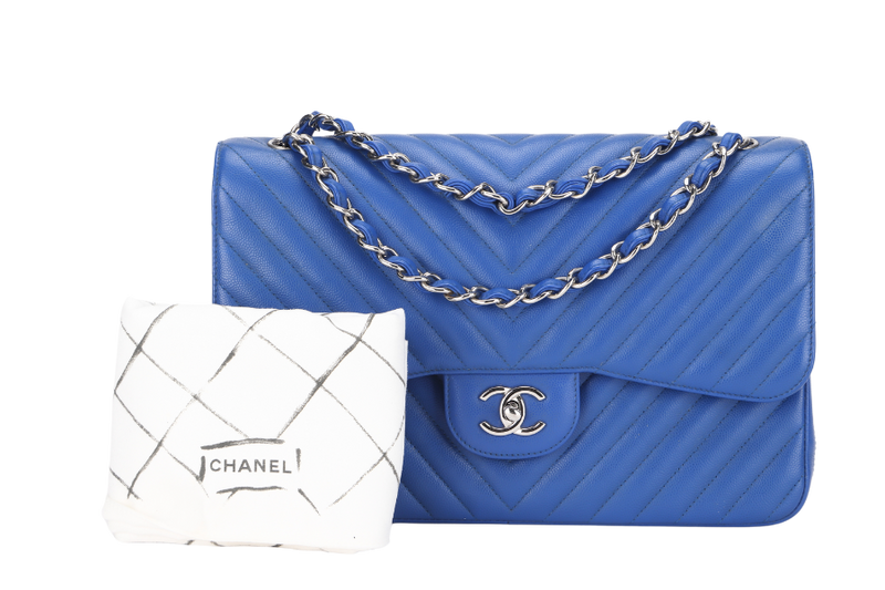 CHANEL CLASSIC DOUBLE FLAP (2247xxxx) JUMBO BLUE CHEVRON CAVIAR LEATHER SILVER HARDWARE, WITH DUST COVER