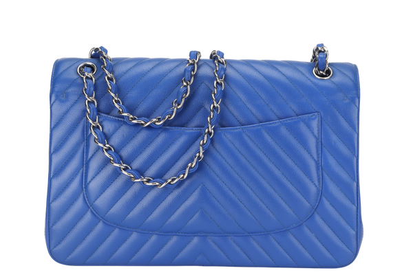 CHANEL CLASSIC DOUBLE FLAP (2247xxxx) JUMBO BLUE CHEVRON CAVIAR LEATHER SILVER HARDWARE, WITH DUST COVER