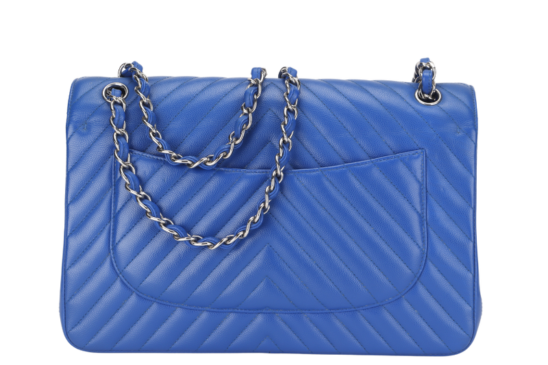 CHANEL CLASSIC DOUBLE FLAP (2247xxxx) JUMBO BLUE CHEVRON CAVIAR LEATHER SILVER HARDWARE, WITH DUST COVER