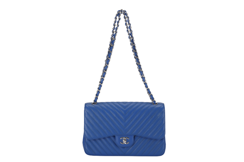 CHANEL CLASSIC DOUBLE FLAP (2247xxxx) JUMBO BLUE CHEVRON CAVIAR LEATHER SILVER HARDWARE, WITH DUST COVER