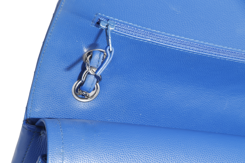 CHANEL CLASSIC DOUBLE FLAP (2247xxxx) JUMBO BLUE CHEVRON CAVIAR LEATHER SILVER HARDWARE, WITH DUST COVER