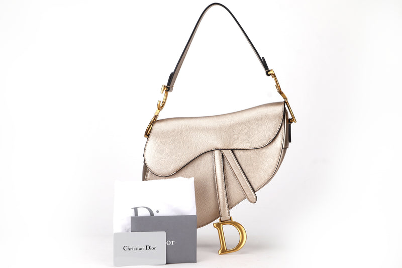 CHRISTIAN DIOR SADDLE BAG (01-BO-0139 )MEDIUM GOLD GRAINED CALFSKIN GOLD HARDWARE, W25.5CM, WITH CARD, DUST COVER & BOX