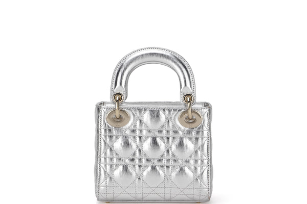CHRISTIAN DIOR LADY DIOR CANNAGE MINI (15-BO-1126) SILVER METALIC LEATHER GOLD HARDWARE, W17CM, WITH CHAIN, DUST COVER & BOX