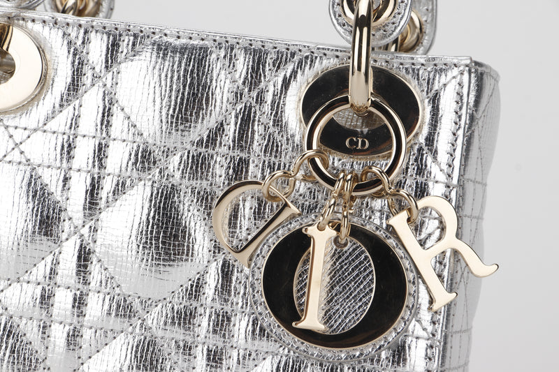 CHRISTIAN DIOR LADY DIOR CANNAGE MINI (15-BO-1126) SILVER METALIC LEATHER GOLD HARDWARE, W17CM, WITH CHAIN, DUST COVER & BOX