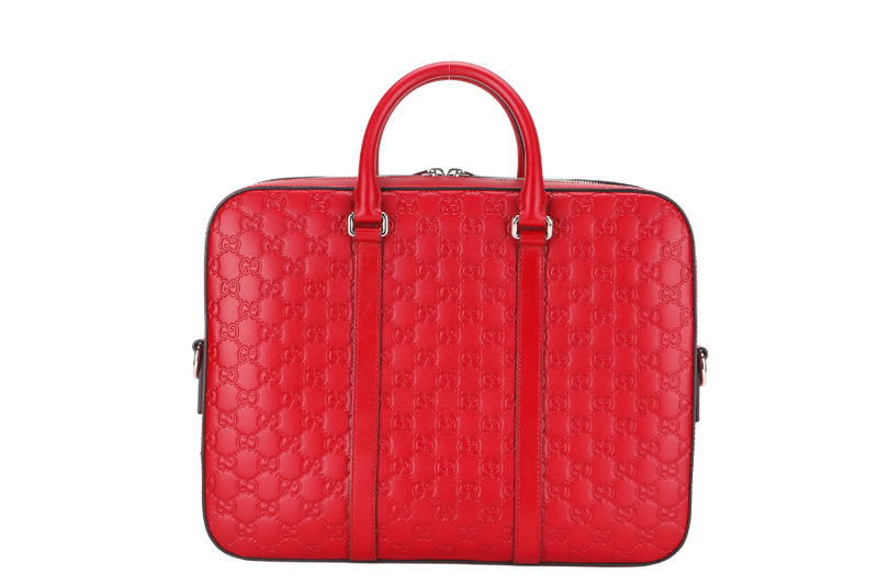 GUCCI  GG SIGNATURE MEDIUM RED LEATHER BRIEFCASE (435322 486628) SILVER HARDWARE WITH DUST COVER