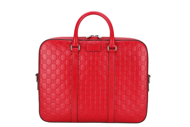 GUCCI  GG SIGNATURE MEDIUM RED LEATHER BRIEFCASE (435322 486628) SILVER HARDWARE WITH DUST COVER