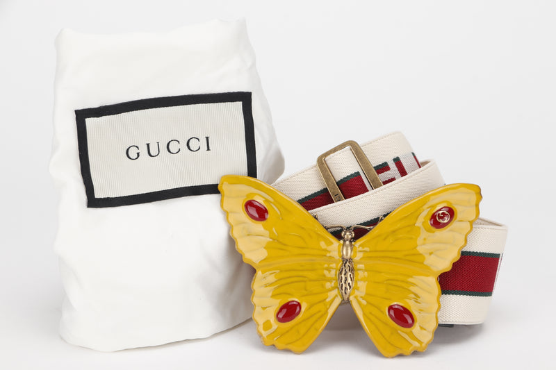 GUCCI 499635 ENAMEL BUTTERFLY ELASTIC BELT GOLD HARDWARE, WITH DUST COVER