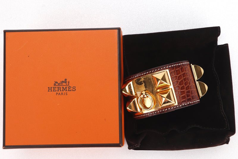 (EXOTIC) HERMES COLLIER DE CHIEN [STAMP P SQUARE (2012)] S FAUVE MATTE ALLIGATOR GOLD HARDWARE, WITH DUST COVER & BOX