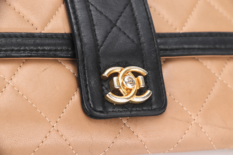 CHANEL FOLD LONG WALLET (2283xxxx) 19.5CM BROWN & BLACK LEATHER GOLD HARDWARE, WITH CARD, NO DUST COVER