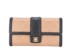 CHANEL FOLD LONG WALLET (2283xxxx) 19.5CM BROWN & BLACK LEATHER GOLD HARDWARE, WITH CARD, NO DUST COVER