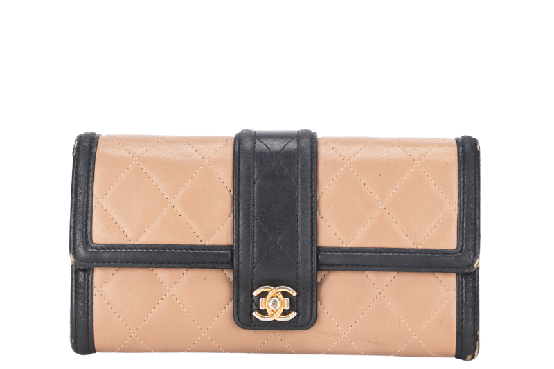 CHANEL FOLD LONG WALLET (2283xxxx) 19.5CM BROWN & BLACK LEATHER GOLD HARDWARE, WITH CARD, NO DUST COVER