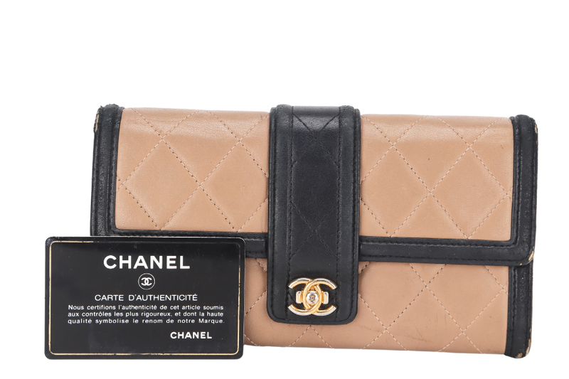 CHANEL FOLD LONG WALLET (2283xxxx) 19.5CM BROWN & BLACK LEATHER GOLD HARDWARE, WITH CARD, NO DUST COVER