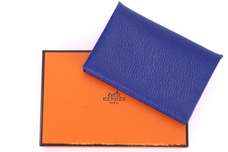 HERMES CALVI CARD HOLDER 7CM [STAMP A (2017)] BLUE ELECTRIC CHEVRE LEATHER SILVER HARDWARE, WITH BOX