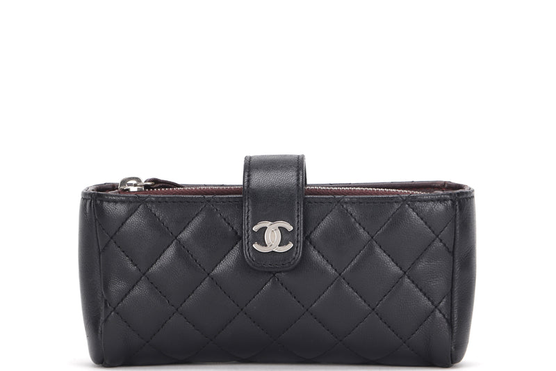 CHANEL O-PHONE HOLDER FRENCH PURSE (1966xxxx) BLACK CALF LEATEHR SILVER HARDWARE, WITH CARD & BOX