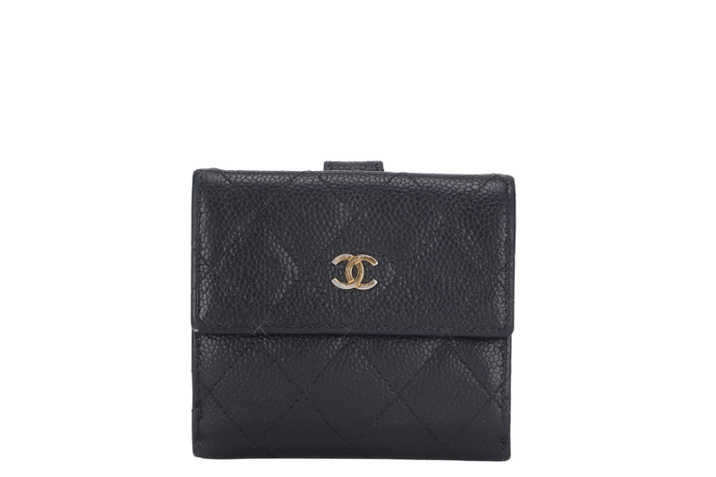 CHANEL CLASSIC SMALL WALLET (2068xxxx) BLACK CAVIAR LEATHER GOLD HARDWARE, WITH CARD & BOX