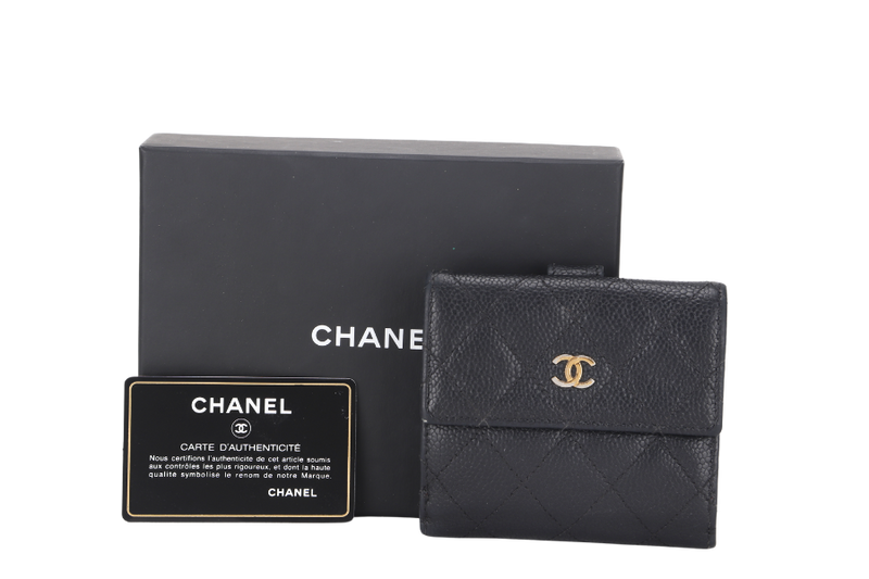 CHANEL CLASSIC SMALL WALLET (2068xxxx) BLACK CAVIAR LEATHER GOLD HARDWARE, WITH CARD & BOX