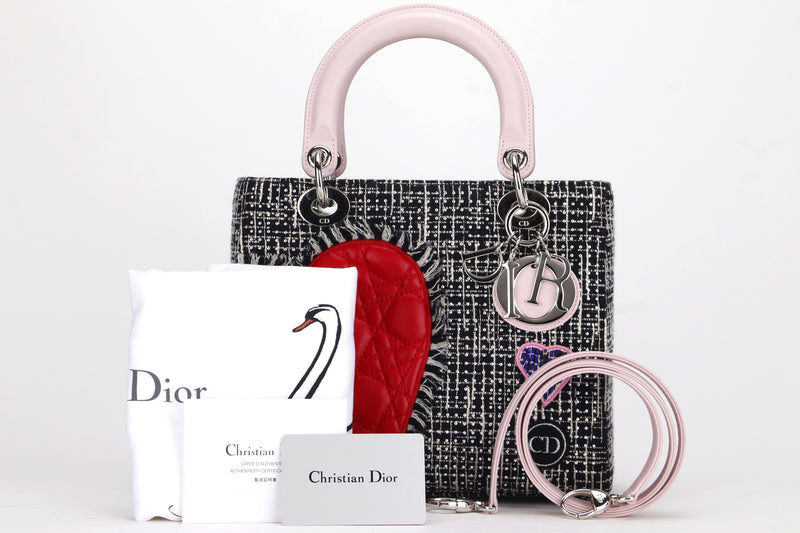 CHRISTIAN DIOR LADY DIOR PATCHWORK LOVE (17-BO-0185) MULTICOLOR MEDIUM TWEED SILVER HARDWARE, WITH STRAP, CARD, DUST COVER & BOX