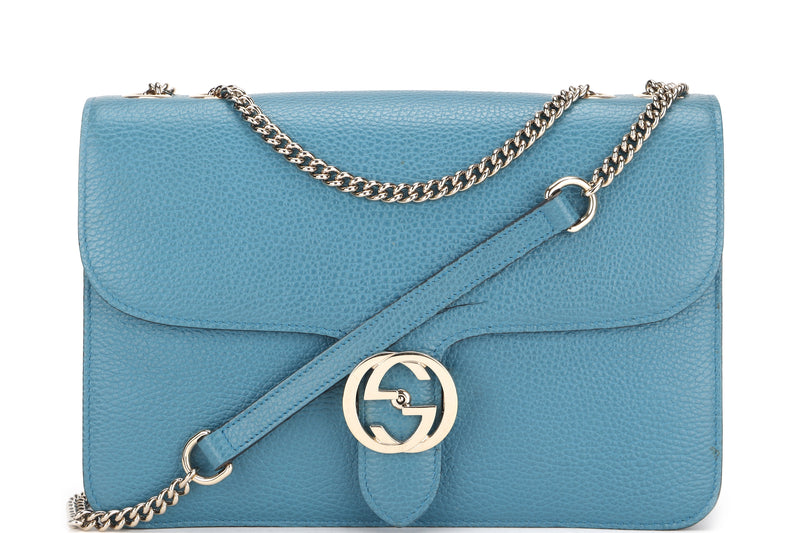 gucci 510303 520981 interlocking gg flap handbag large blue leather gold hardware with dust cover