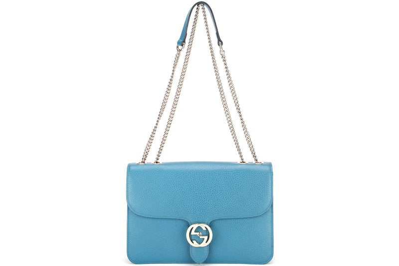 GUCCI 510303 520981 INTERLOCKING GG FLAP HANDBAG, LARGE BLUE LEATHER GOLD HARDWARE, WITH DUST COVER