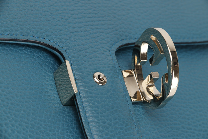 GUCCI 510303 520981 INTERLOCKING GG FLAP HANDBAG, LARGE BLUE LEATHER GOLD HARDWARE, WITH DUST COVER