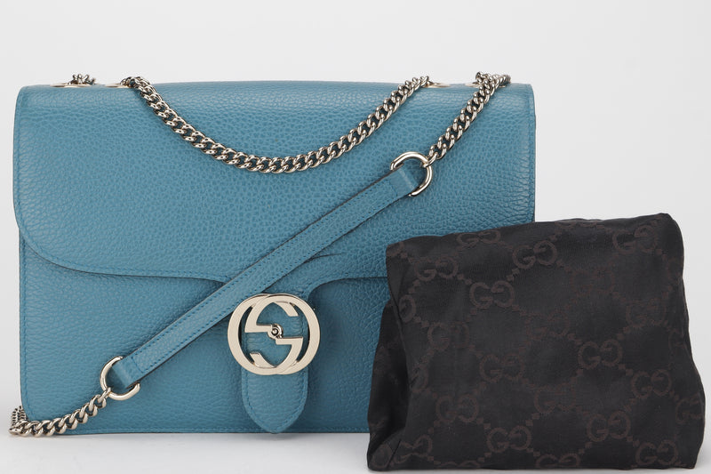 GUCCI 510303 520981 INTERLOCKING GG FLAP HANDBAG, LARGE BLUE LEATHER GOLD HARDWARE, WITH DUST COVER