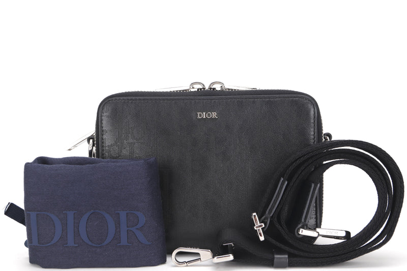 DIOR MESSENGER POUCH (22-BO-1200) BLACK OBLIQUE GALAXY LEATHER SILVER HARDWARE, WITH DUST COVER &amp; BOX