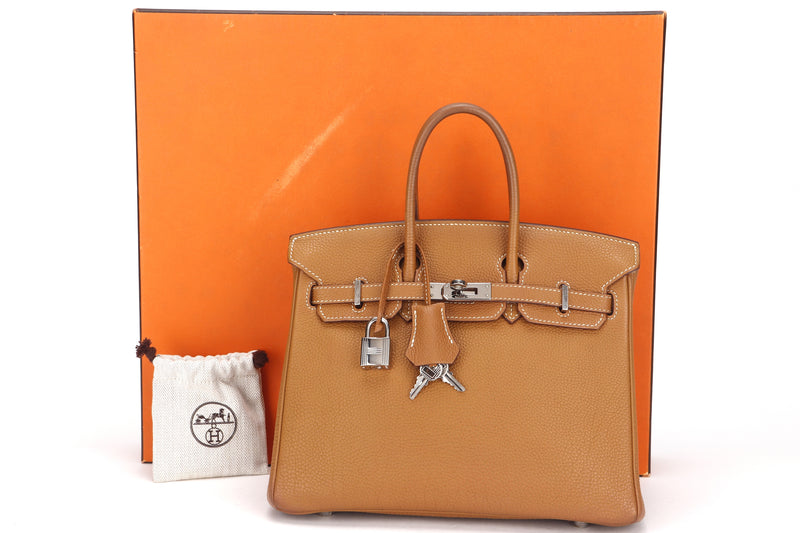 HERMES BIRKIN 25 (STAMP L SQUARE) TOFFEE COLOR TOGO LEATHER SILVER HARDWARE, WITH LOCK, KEYS & BOX, NO DUST COVER