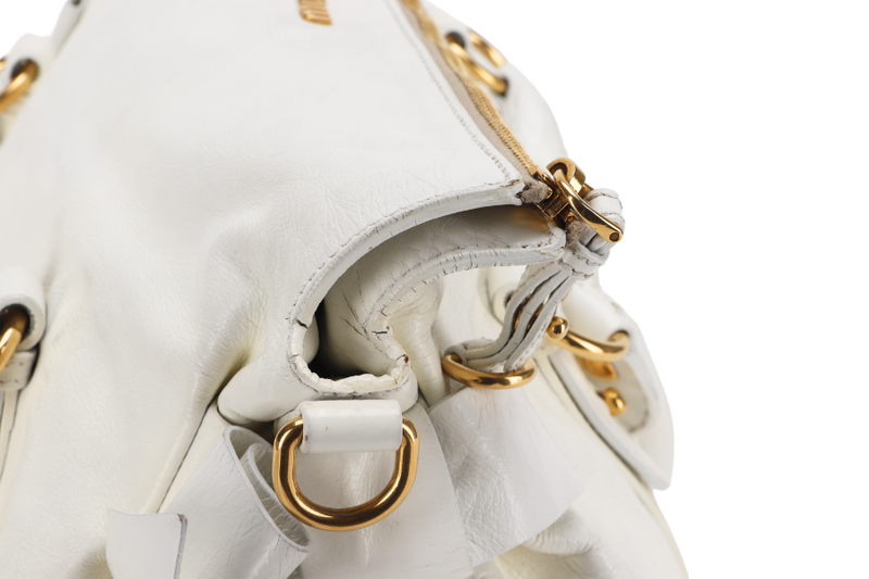 MIU MIU BOW SATCHEL BAG 37CM WHITE VITELLO LUX LEATHER GOLD HARDWARE WITH STRAP