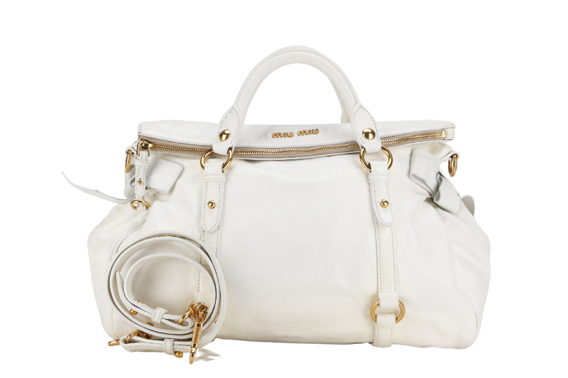 miu miu bow satchel bag 37cm white vitello lux leather gold hardware with strap