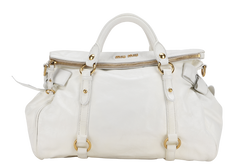 MIU MIU BOW SATCHEL BAG 37CM WHITE VITELLO LUX LEATHER GOLD HARDWARE WITH STRAP