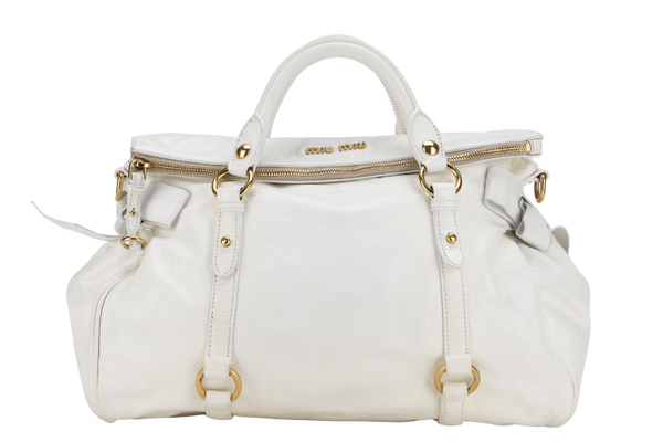 MIU MIU BOW SATCHEL BAG 37CM WHITE VITELLO LUX LEATHER GOLD HARDWARE WITH STRAP