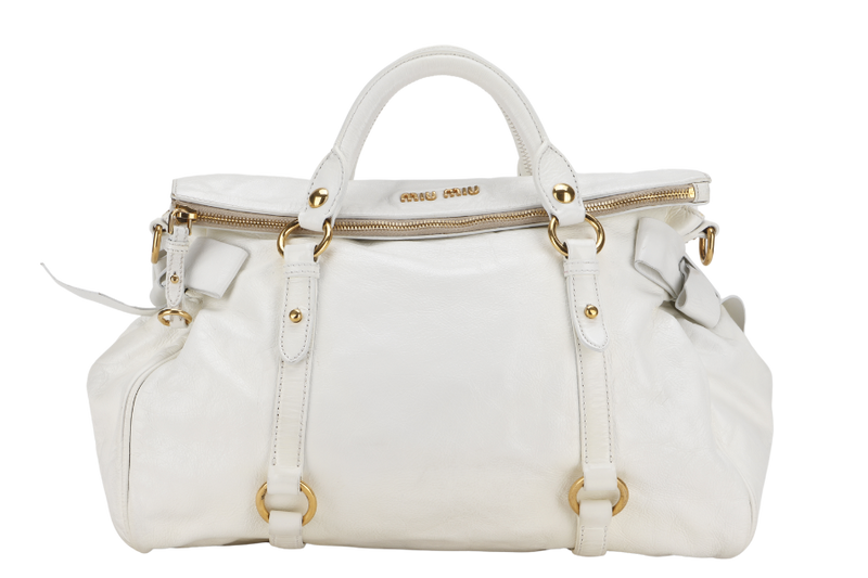 MIU MIU BOW SATCHEL BAG 37CM WHITE VITELLO LUX LEATHER GOLD HARDWARE WITH STRAP