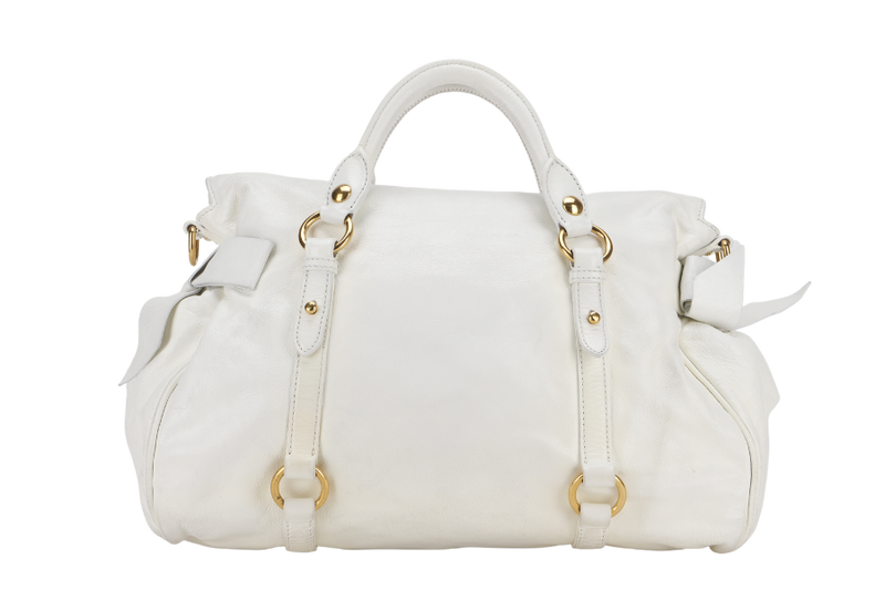 MIU MIU BOW SATCHEL BAG 37CM WHITE VITELLO LUX LEATHER GOLD HARDWARE WITH STRAP