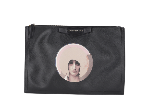 GIVENCHY ANTIGONA PRINT ZIP CLUTCH (TE 0143) MEDIUM BLACK LEATHER GOLD HARDWARE, NO DUST COVER