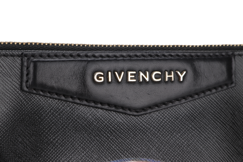 GIVENCHY ANTIGONA PRINT ZIP CLUTCH (TE 0143) MEDIUM BLACK LEATHER GOLD HARDWARE, NO DUST COVER