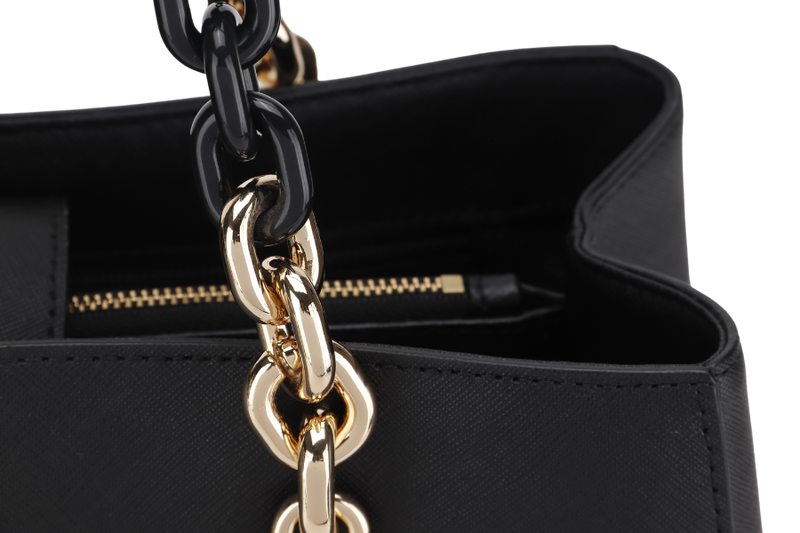 MICHEAL KORS CYNTHIA MEDIUM BLACK SAFFIANO LEATHER GOLD HARDWARE WITH LONG STRAP