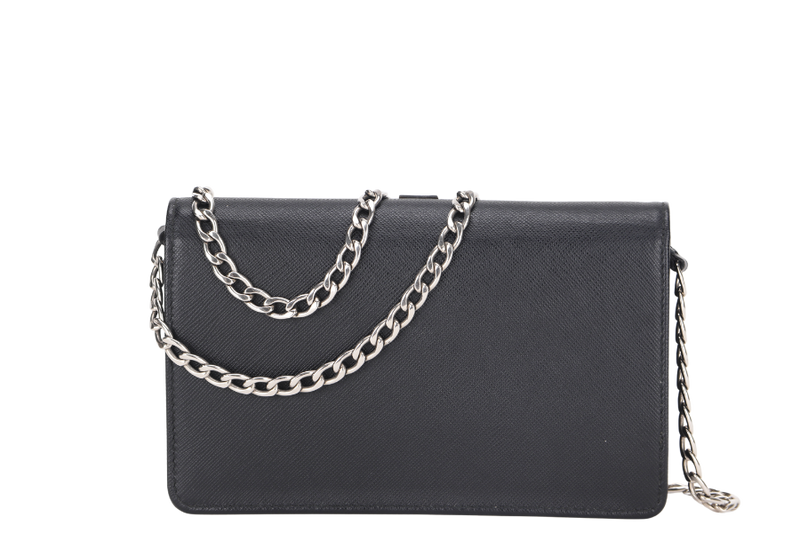 PRADA ROBOT WALLET ON CHAIN SAFFIANO LEATHER SILVER HARDWARE, NO DUST COVER