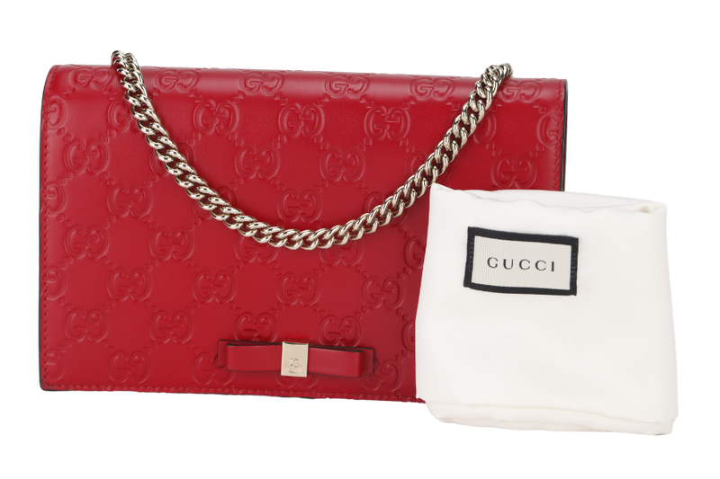 GUCCI 431408 534563 GUCCISSIMA WALLET ON CHAIN RED LEATHER SILVER HARDWARE WITH DUST COVER