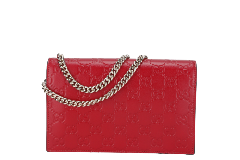 GUCCI 431408 534563 GUCCISSIMA WALLET ON CHAIN RED LEATHER SILVER HARDWARE WITH DUST COVER