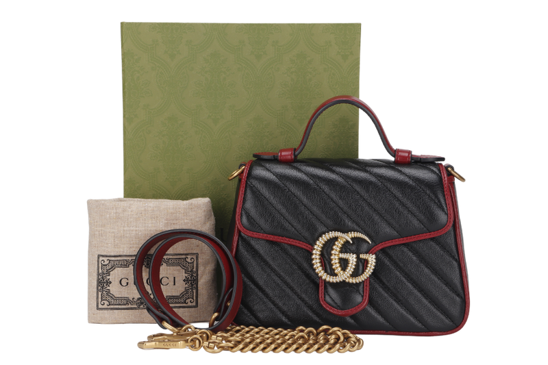 GUCCI GG MARMONT TOP HANDLE MINI BLACK & RED LEATHER (583571 493075) GOLD HARDWARE WITH STRAP, DUST COVER & BOX