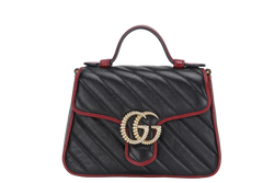 GUCCI GG MARMONT TOP HANDLE MINI BLACK & RED LEATHER (583571 493075) GOLD HARDWARE WITH STRAP, DUST COVER & BOX