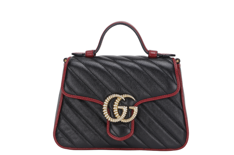 GUCCI GG MARMONT TOP HANDLE MINI BLACK & RED LEATHER (583571 493075) GOLD HARDWARE WITH STRAP, DUST COVER & BOX