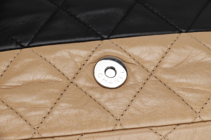 CHANEL CLASSIC FLAP BICOLOR (1267xxxx) MEDIUM BLACK & BEIGE LAMBSKIN SILVER HARDWARE WITH CARD, NO DUST COVER