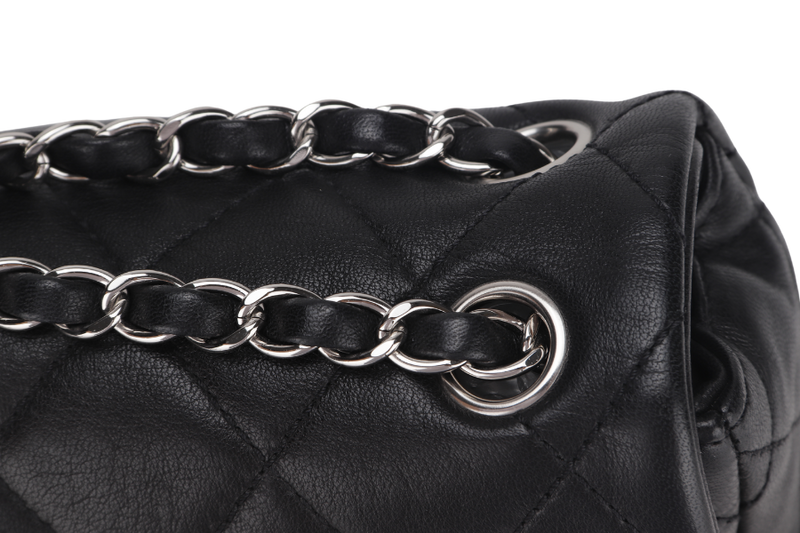 CHANEL CLASSIC FLAP BICOLOR (1267xxxx) MEDIUM BLACK & BEIGE LAMBSKIN SILVER HARDWARE WITH CARD, NO DUST COVER