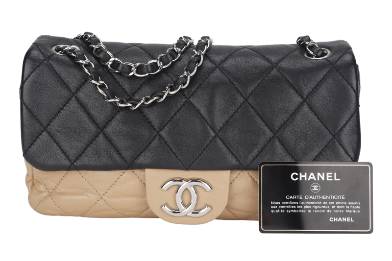 CHANEL CLASSIC FLAP BICOLOR (1267xxxx) MEDIUM BLACK & BEIGE LAMBSKIN SILVER HARDWARE WITH CARD, NO DUST COVER